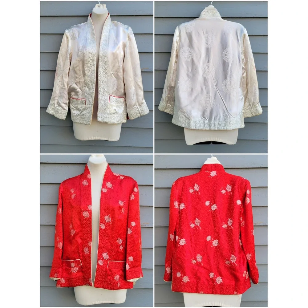 Vintage Silk Brocade Cheongsam Qipao Dress & Jacket Set Red White Small
